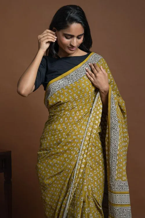 ICH Bagru Statements. Hand Block Printed Mul Cotton Saree - Ochre Flora