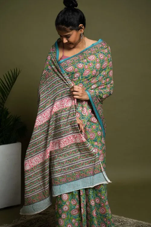 ICH Sanganer Statements. Hand Block Printed Mul Cotton Saree - Green Flora