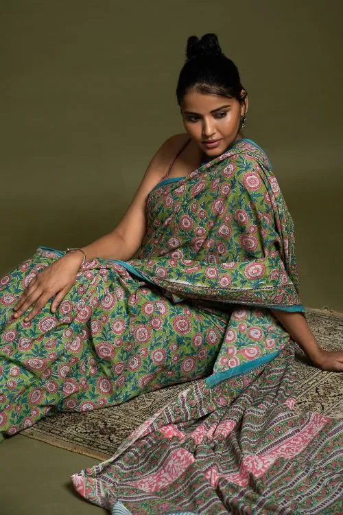 ICH Sanganer Statements. Hand Block Printed Mul Cotton Saree - Green Flora