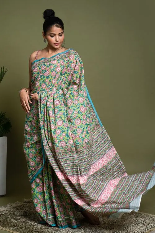 ICH Sanganer Statements. Hand Block Printed Mul Cotton Saree - Green Flora