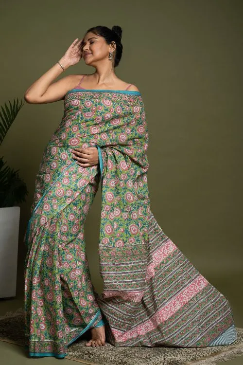 ICH Sanganer Statements. Hand Block Printed Mul Cotton Saree - Green Flora