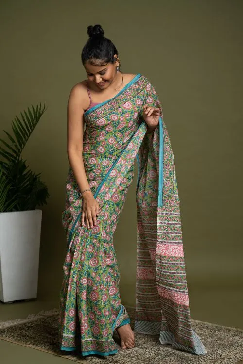 ICH Sanganer Statements. Hand Block Printed Mul Cotton Saree - Green Flora
