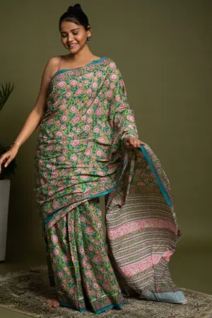 ICH Sanganer Statements. Hand Block Printed Mul Cotton Saree - Green Flora