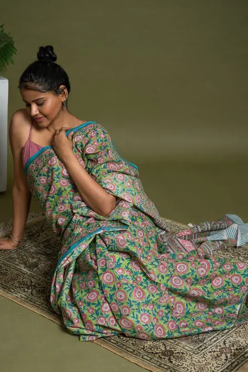 ICH Sanganer Statements. Hand Block Printed Mul Cotton Saree - Green Flora