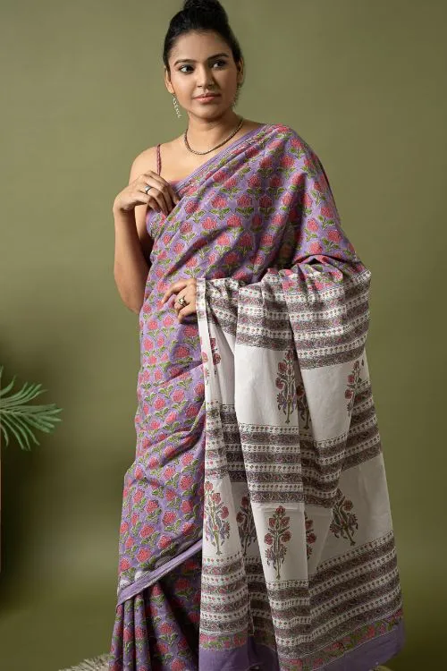 ICH Sanganer Statements. Hand Block Printed Mul Cotton Saree - Mauve Flora