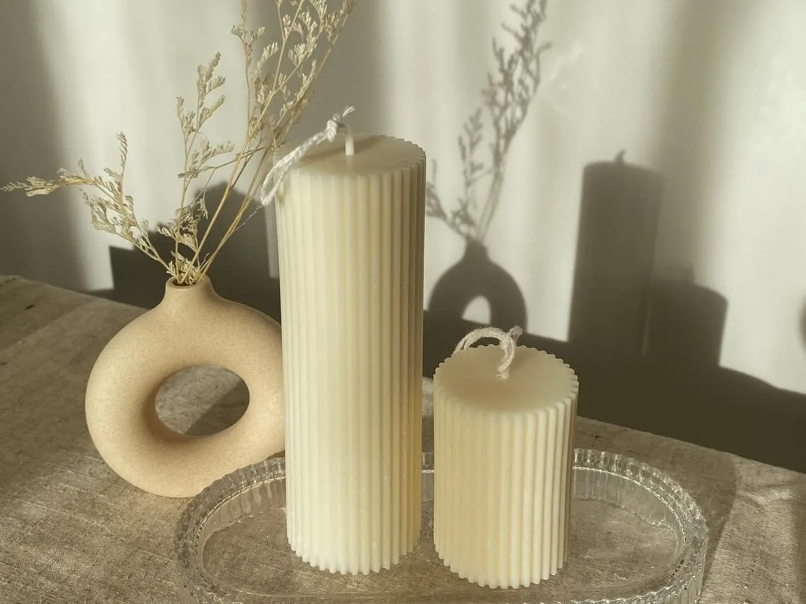 Kairos Homes Natural Soy Wax Vertical Lines Ribbed Pillar Candle for Home Decor/Table Decor/Roman Candles/Festivals, Designer Candles - Set of 2 Candles (Unscented) - White