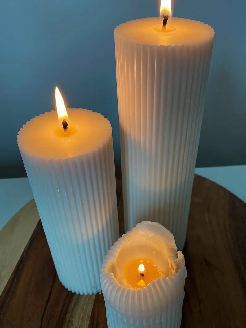 Kairos Homes Natural Soy Wax Vertical Lines Ribbed Pillar Candle for Home Decor/Table Decor/Roman Candles/Festivals, Designer Candles - Set of 2 Candles (Unscented) - White