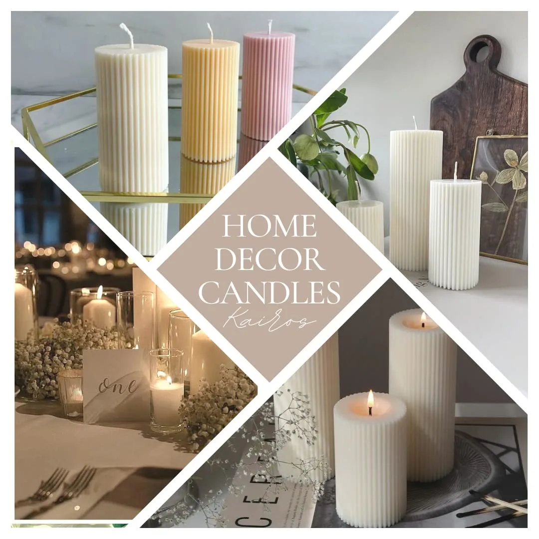 Kairos Homes Natural Soy Wax Vertical Lines Ribbed Pillar Candle for Home Decor/Table Decor/Roman Candles/Festivals, Designer Candles - Set of 2 Candles (Unscented) - White