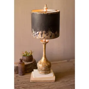 Kalalou - TABLE LAMP - ROUND WOODEN BASE W BLACK & GOLD METAL SHADE - CCG1573