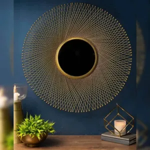 Metalmastery Stainless Steel Golden Finished Decorative Iron Mirror Knitted Glass Leaf Design Wall Mount Hanging Decorative Mirror Sculpture Wall Mirror For Living Room Dining Hall - Round