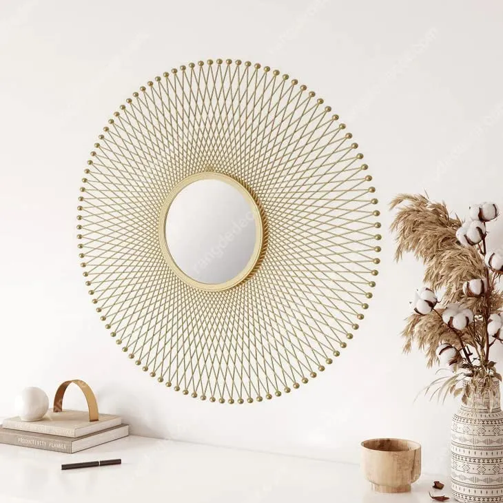 Metalmastery Stainless Steel Golden Finished Decorative Iron Mirror Knitted Glass Leaf Design Wall Mount Hanging Decorative Mirror Sculpture Wall Mirror For Living Room Dining Hall - Round