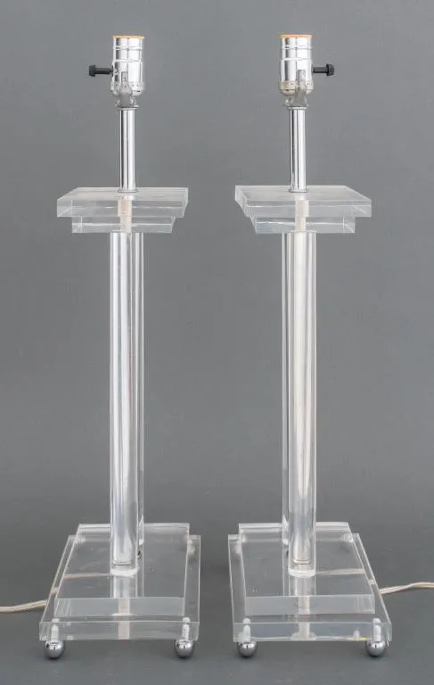 Midcentury Lucite and Chrome Table Lamps, Pair