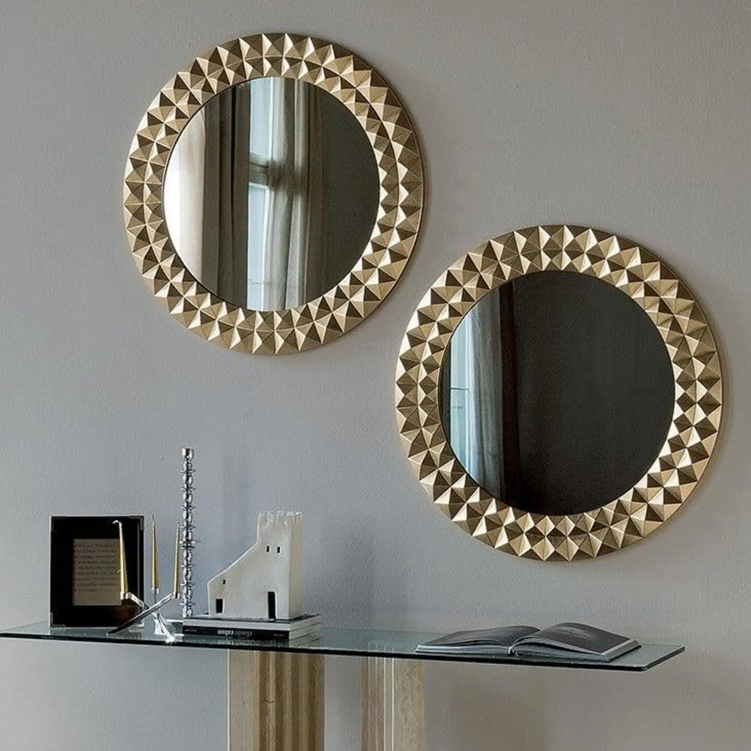 Modern Art & Craft's® Wood Wall Mirror Frame Wall Hanging | Wall Floating | for Room | Hall | Bathroom Home | Decor Living Room | Set of 2 | Golden | (24x24 Inch)