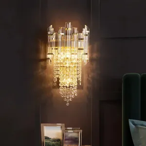 Modern Crystal Wall Sconce - Gold Tiered Mounted Lamp with 1 Bulb for Bedside
