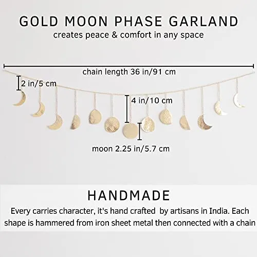Moon Phase Wall Hanging, Handmade Hammered Gold Metal 13 Moons 36" Garland, Phases of the Moon, Celestial Lunar Art, Bohemian Aesthetic Gold Room Boho Decor for Bedroom Home Dorm Living Room Girl Gift