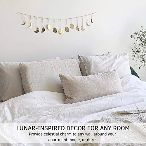 Moon Phase Wall Hanging, Handmade Hammered Gold Metal 13 Moons 36" Garland, Phases of the Moon, Celestial Lunar Art, Bohemian Aesthetic Gold Room Boho Decor for Bedroom Home Dorm Living Room Girl Gift