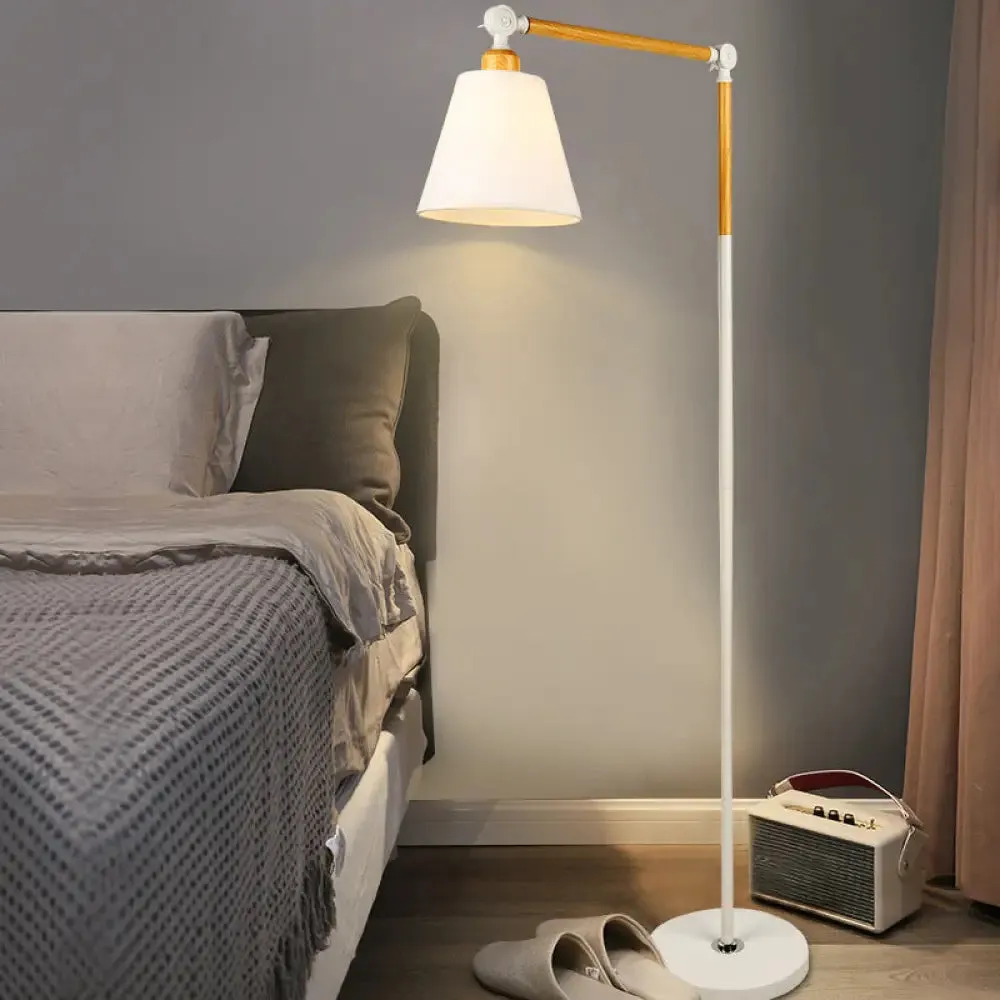 Nordic Swing Arm Wood Floor Reading Lamp with Cone Fabric Shade - Black/White