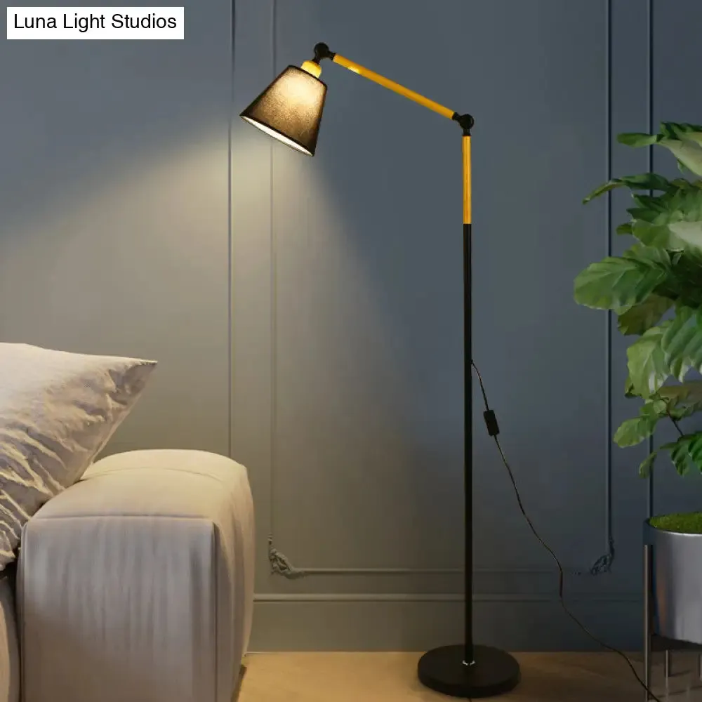 Nordic Swing Arm Wood Floor Reading Lamp with Cone Fabric Shade - Black/White
