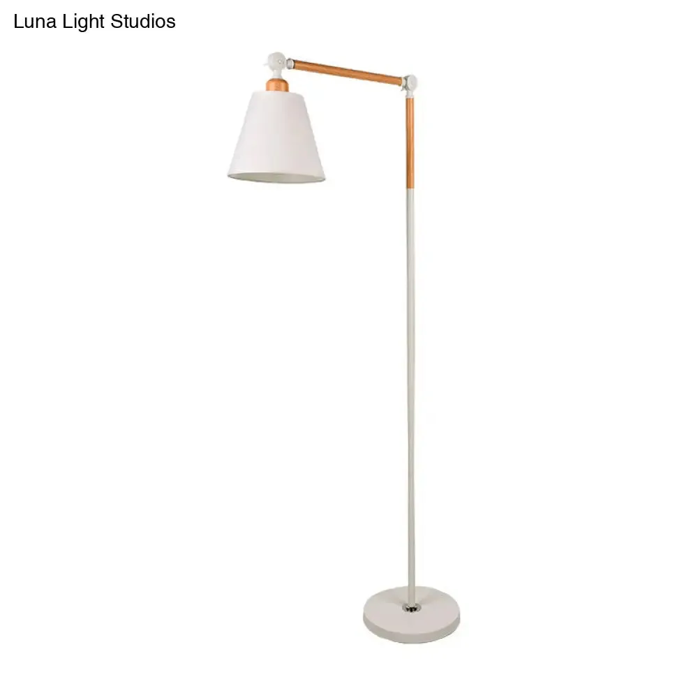 Nordic Swing Arm Wood Floor Reading Lamp with Cone Fabric Shade - Black/White