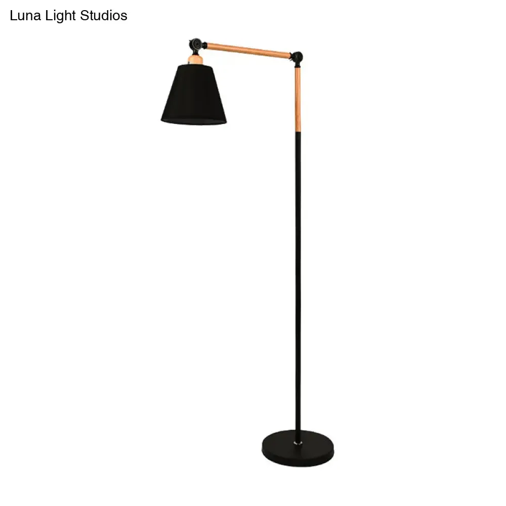 Nordic Swing Arm Wood Floor Reading Lamp with Cone Fabric Shade - Black/White