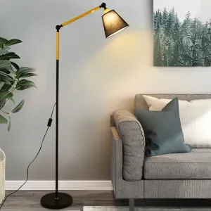 Nordic Swing Arm Wood Floor Reading Lamp with Cone Fabric Shade - Black/White