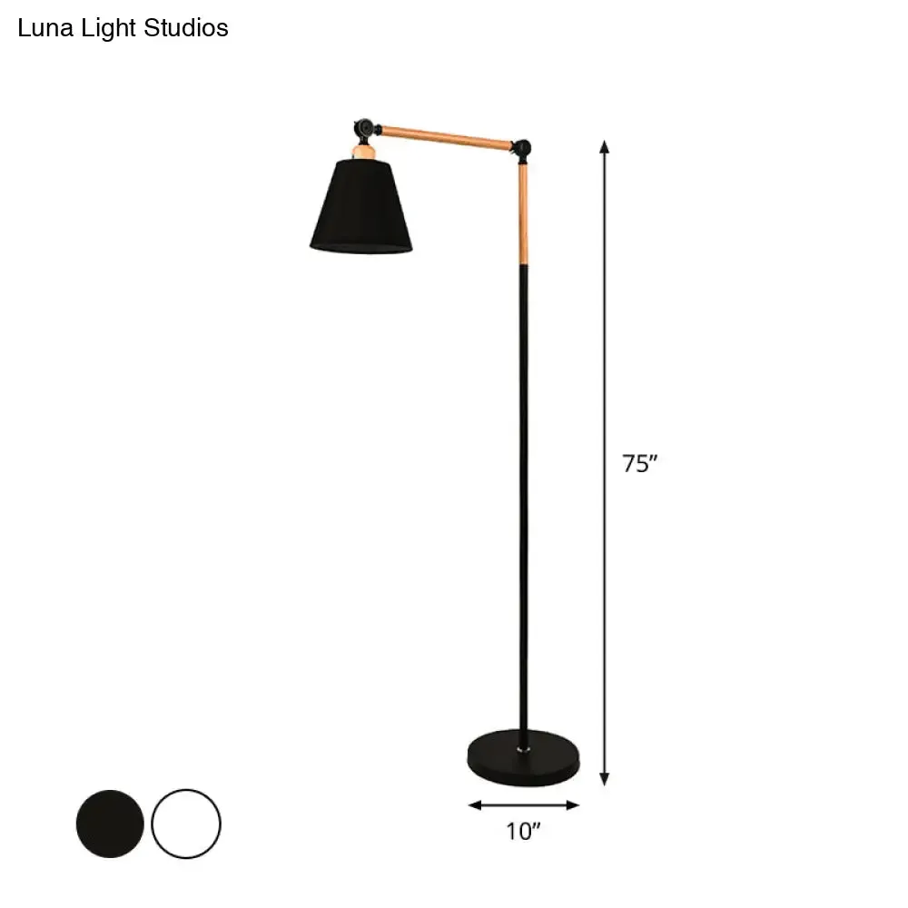 Nordic Swing Arm Wood Floor Reading Lamp with Cone Fabric Shade - Black/White