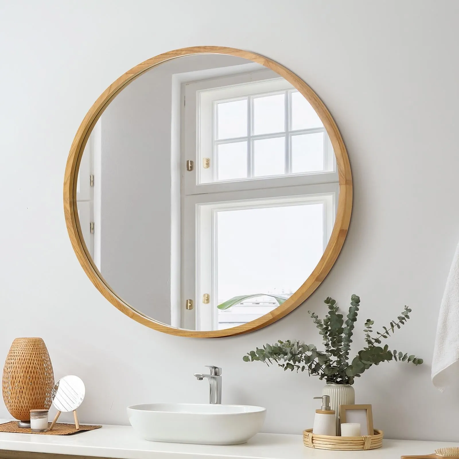 Oikiture Wall Mirrors Round 70cm Makeup Mirror Vanity Home Decro Wooden