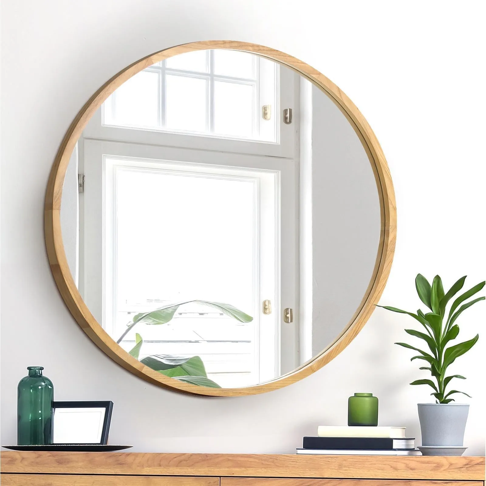 Oikiture Wall Mirrors Round 70cm Makeup Mirror Vanity Home Decro Wooden
