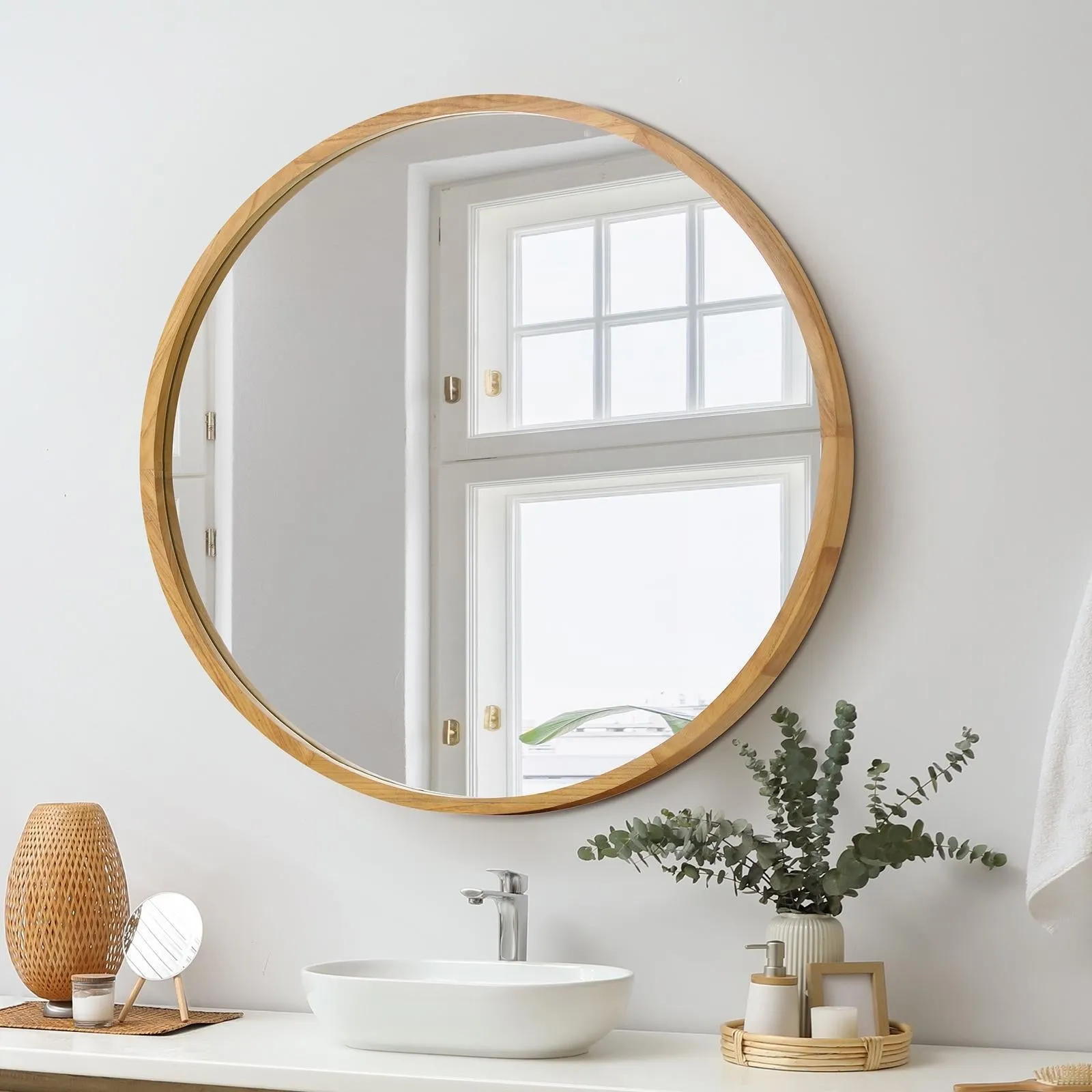 Oikiture Wall Mirrors Round Makeup Mirror Vanity Home Decorative Wooden 80cm