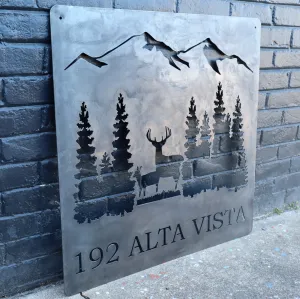 Personalized Rustic Address Metal Sign - Forest and Deer Wall Art, Mountain Decor, Address Signs