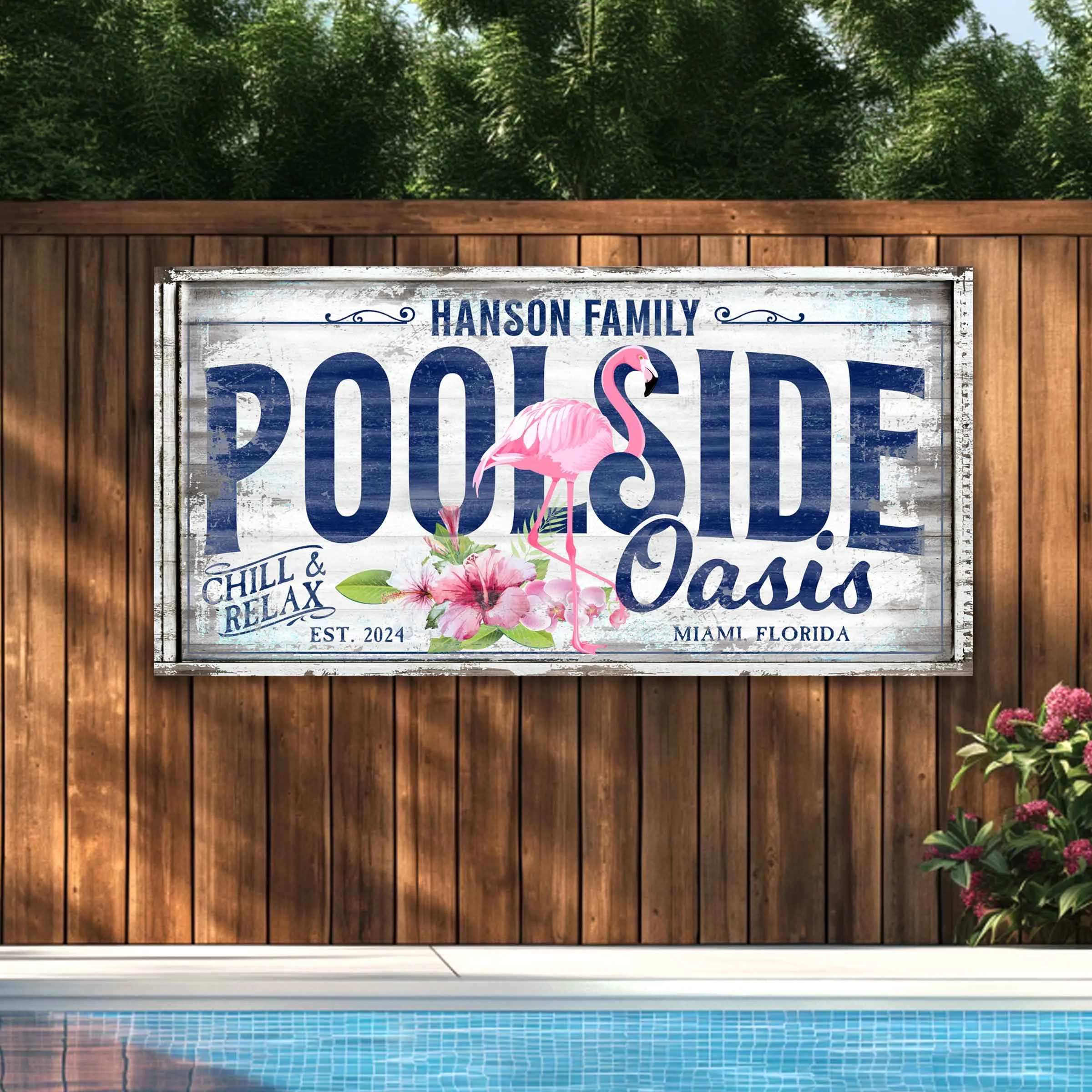 Pinky Poolside Oasis Personalized Pool Sign