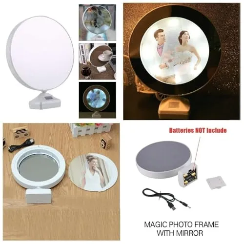 POPLEY Magic Mirror Photo Frame With Light Photos Gift Personalized Frames For Valentines Day Gifts/Anniversary/Birthday/Friends Gift/Wedding Gift/White/Framed(Pack Of 1,Round)