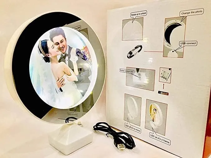 POPLEY Magic Mirror Photo Frame With Light Photos Gift Personalized Frames For Valentines Day Gifts/Anniversary/Birthday/Friends Gift/Wedding Gift/White/Framed(Pack Of 1,Round)