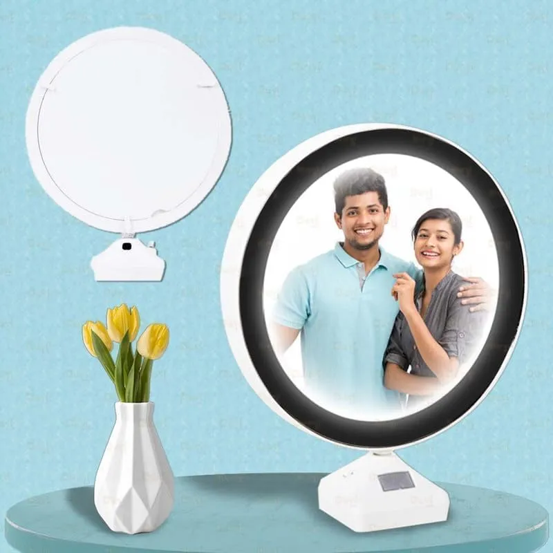POPLEY Magic Mirror Photo Frame With Light Photos Gift Personalized Frames For Valentines Day Gifts/Anniversary/Birthday/Friends Gift/Wedding Gift/White/Framed(Pack Of 1,Round)