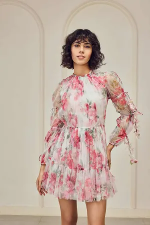 Printed panelled dress with sleeve tie ups