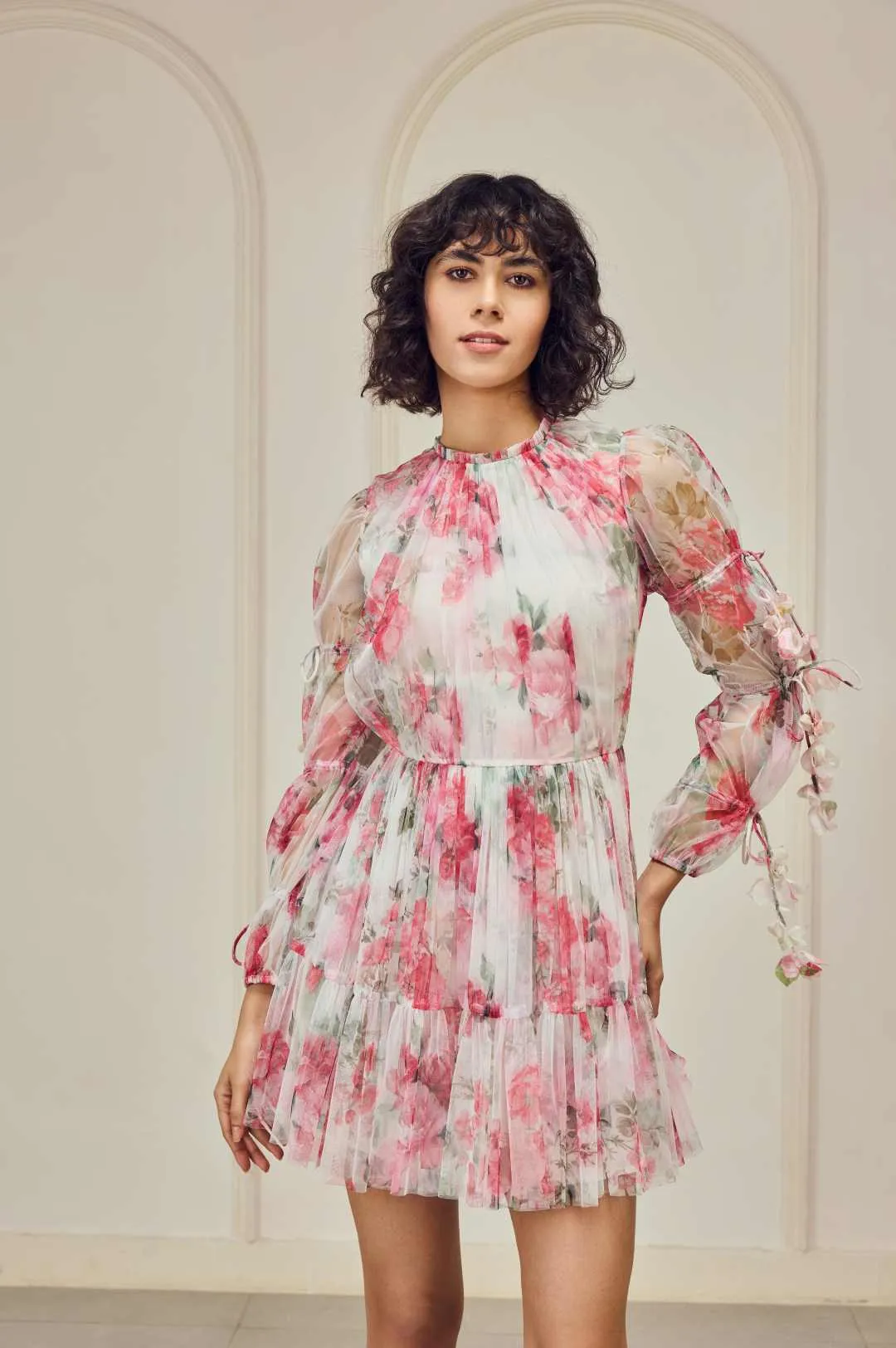 Printed panelled dress with sleeve tie ups