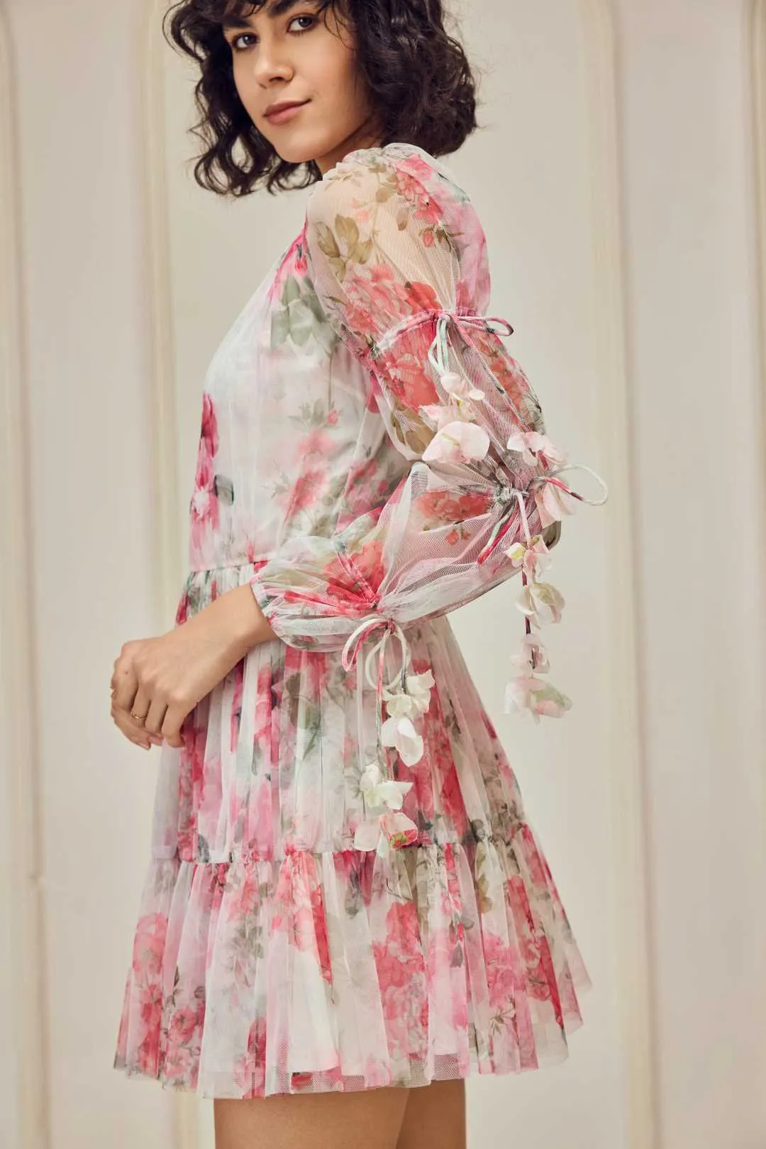 Printed panelled dress with sleeve tie ups