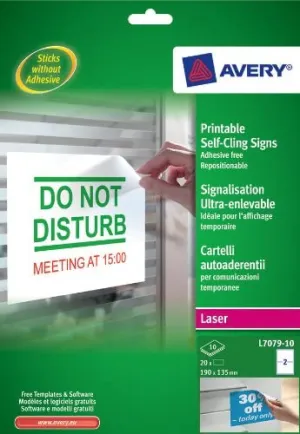 Repositional Adhesive-Free Self-Cling Signs for Laser Printers 190 x 135 mm, 2 Labels Per A4 Sheet, 10 Sheets) - White