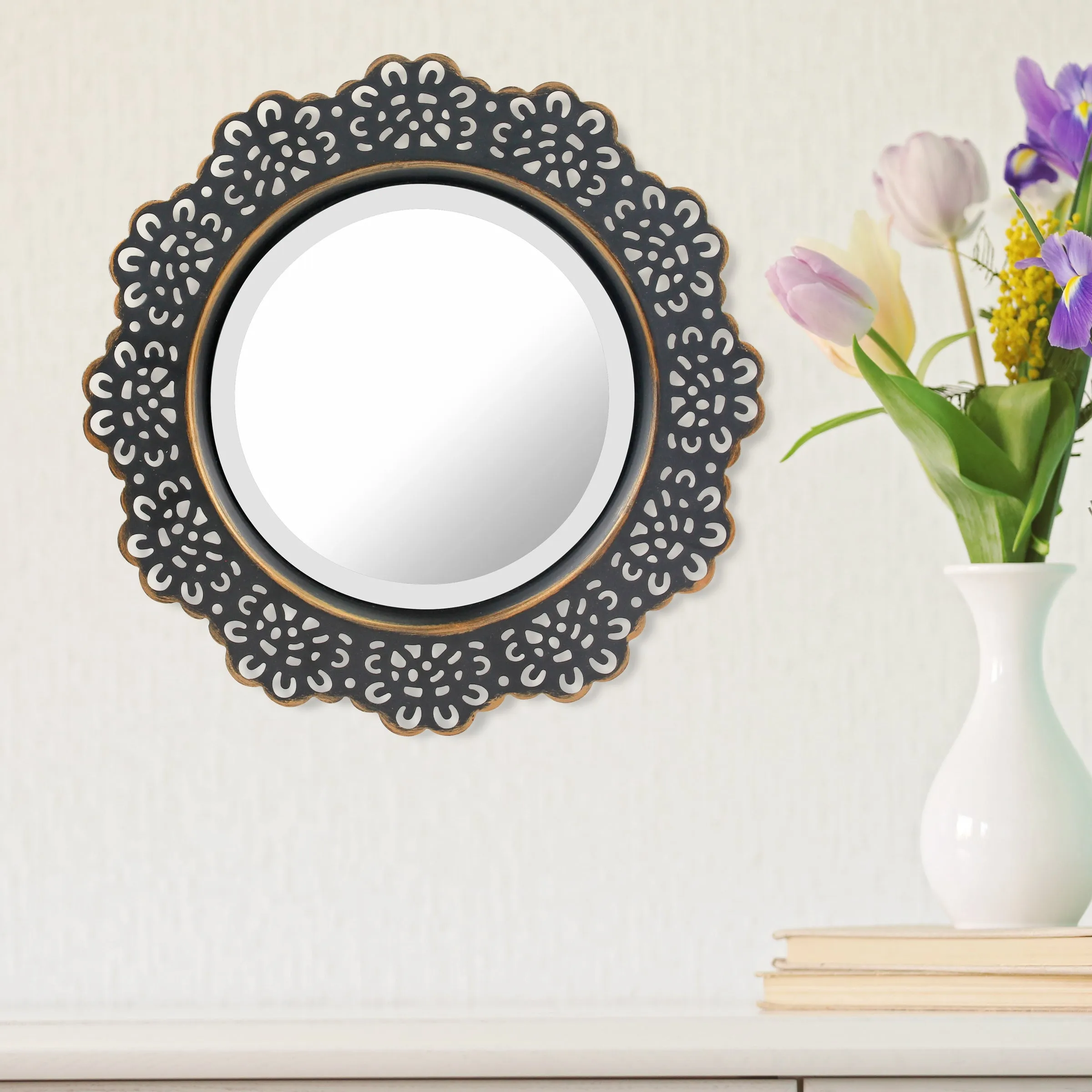 Round Black Metal Lace Wall Mirror with Attached Hanger