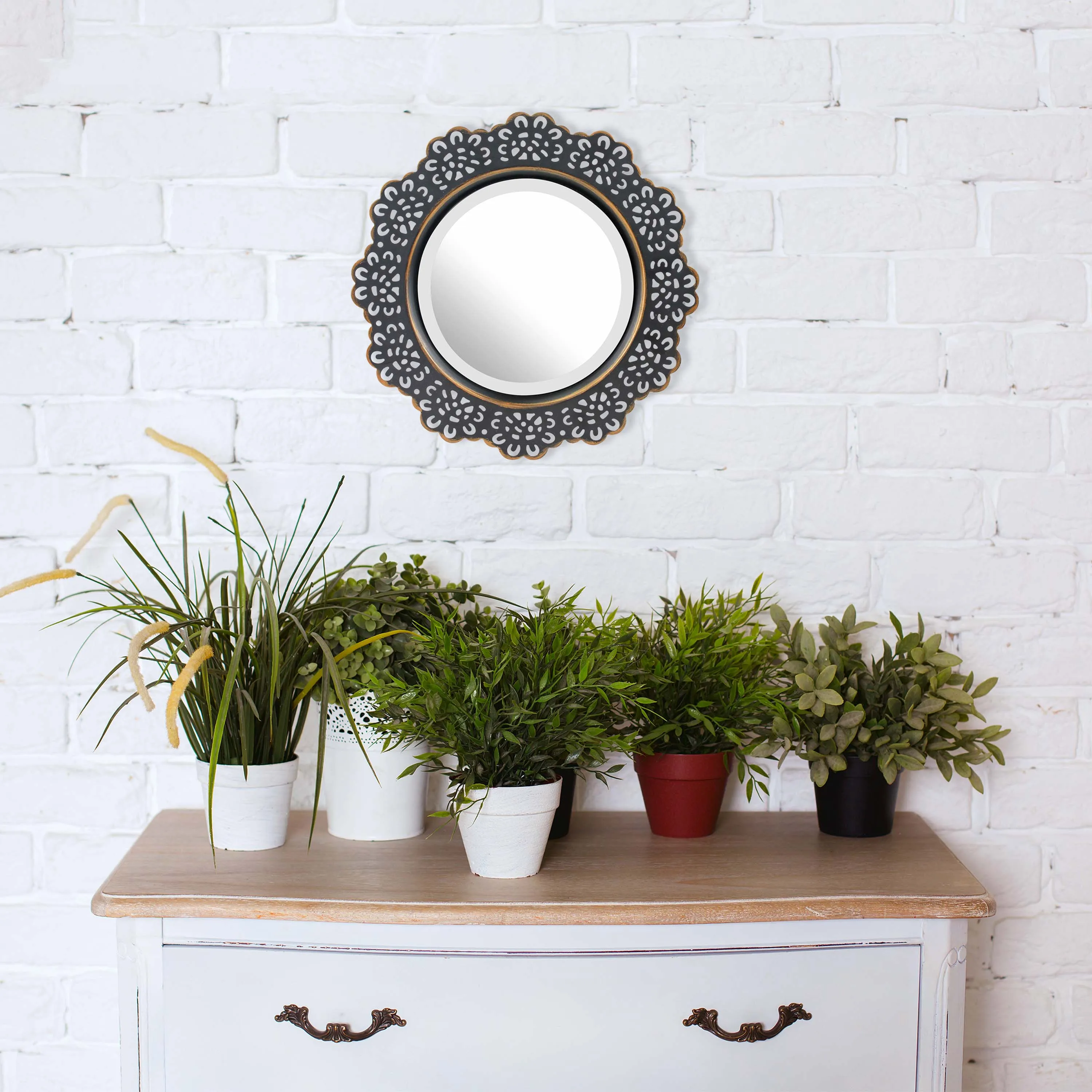 Round Black Metal Lace Wall Mirror with Attached Hanger