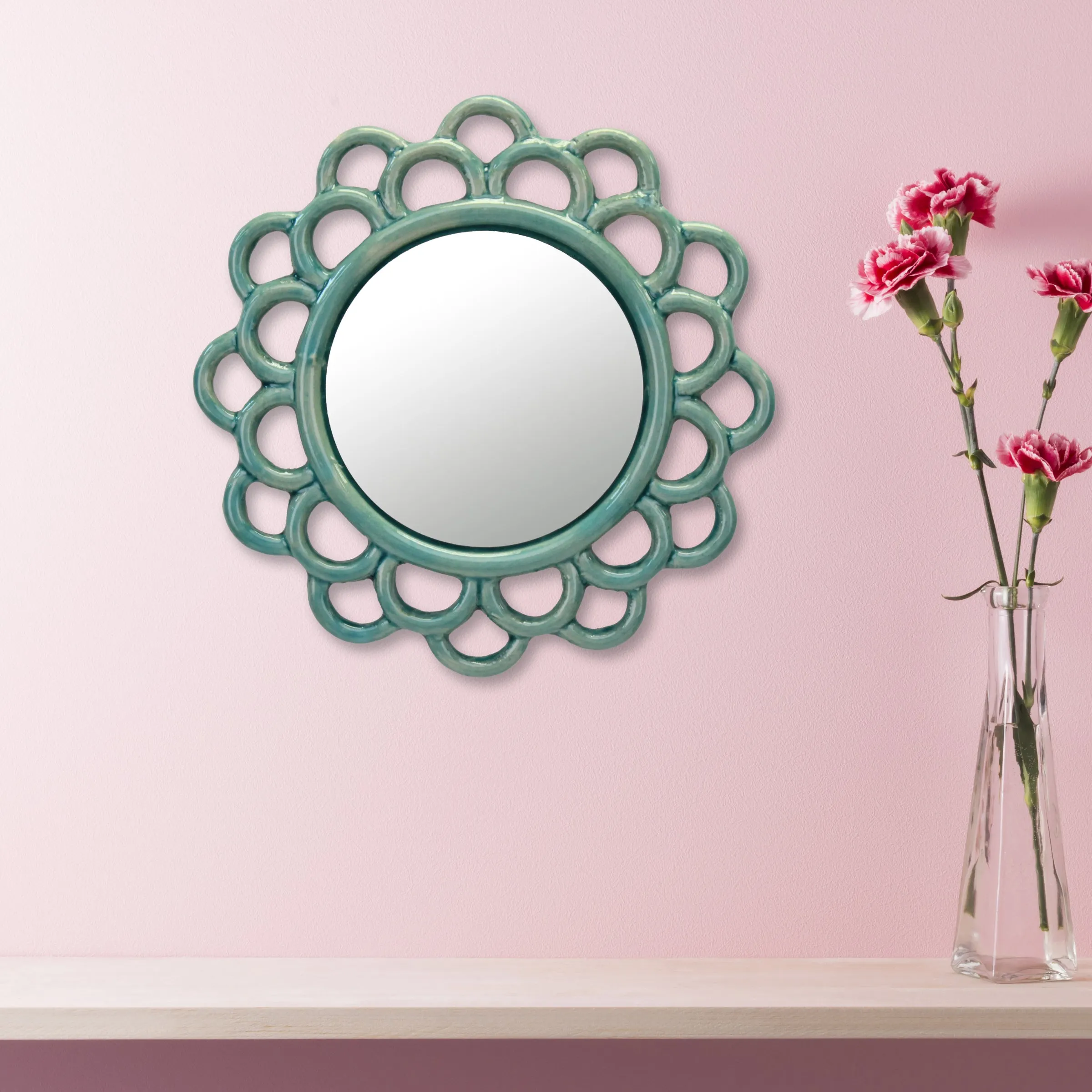Round Turquoise Cutout Ceramic Mirror - 9 Inch