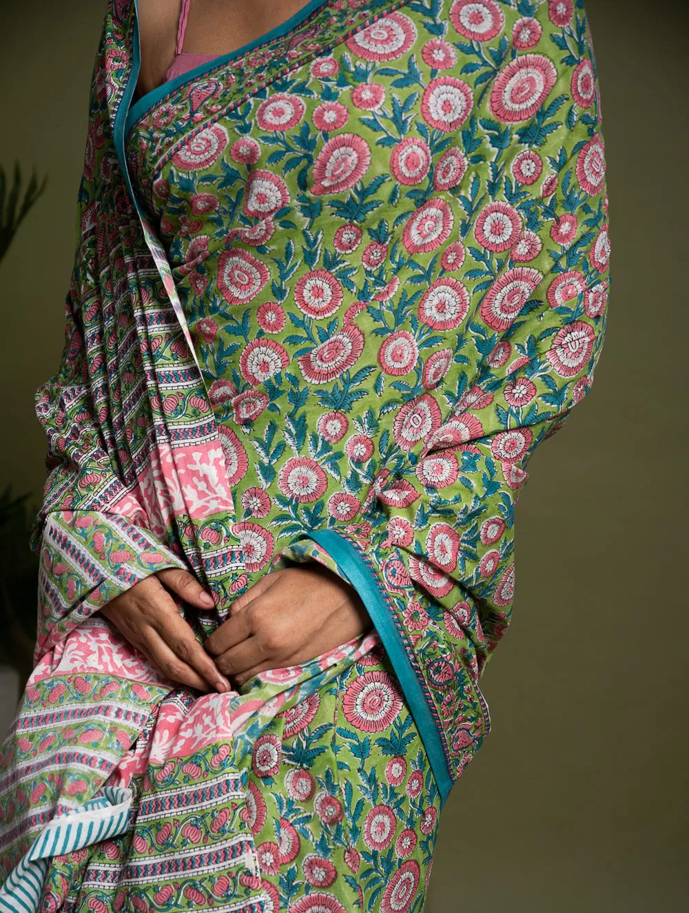 Sanganer Statements. Hand Block Printed Mul Cotton Saree - Green Flora