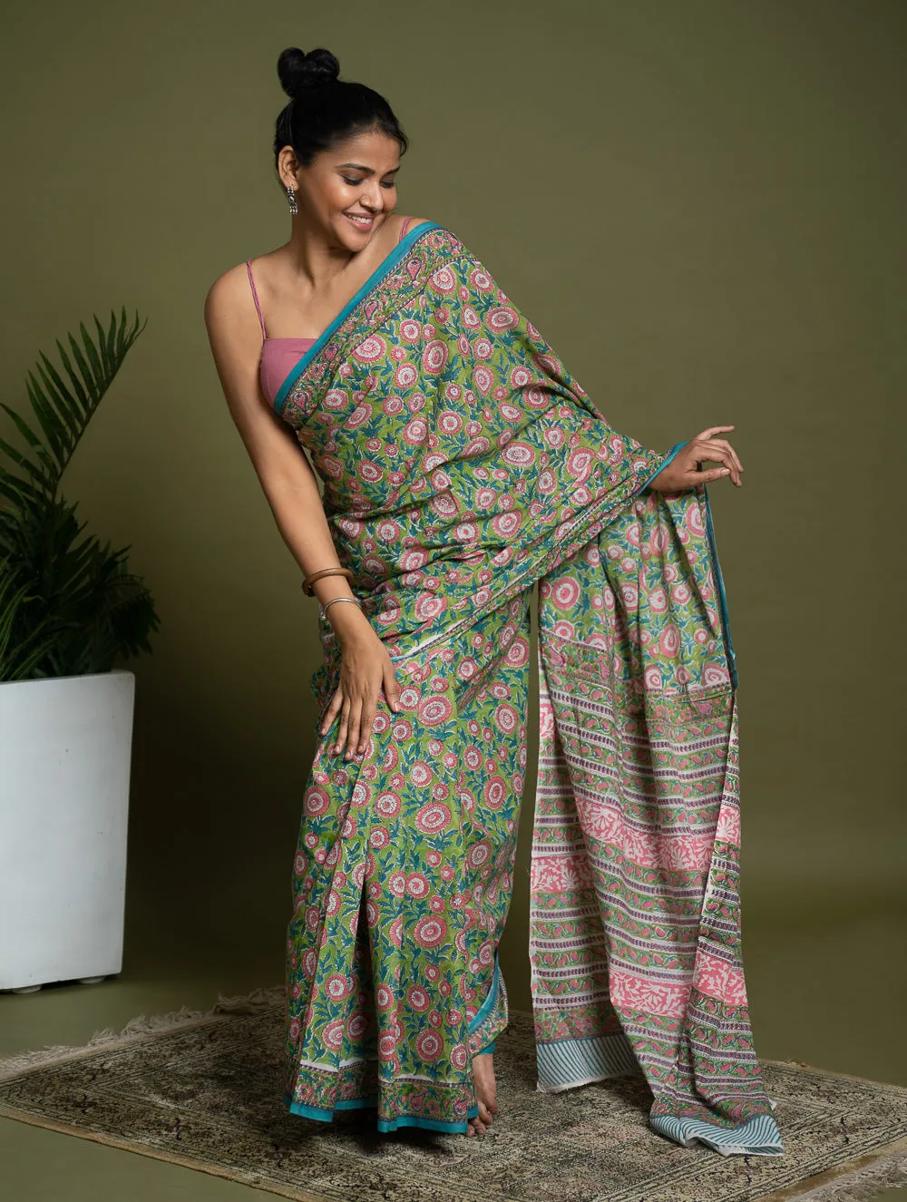 Sanganer Statements. Hand Block Printed Mul Cotton Saree - Green Flora