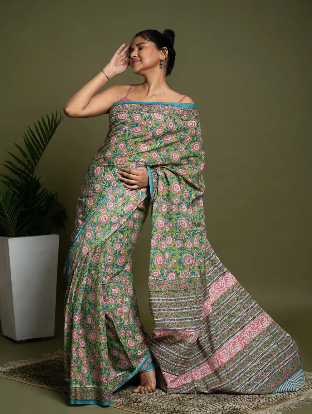 Sanganer Statements. Hand Block Printed Mul Cotton Saree - Green Flora