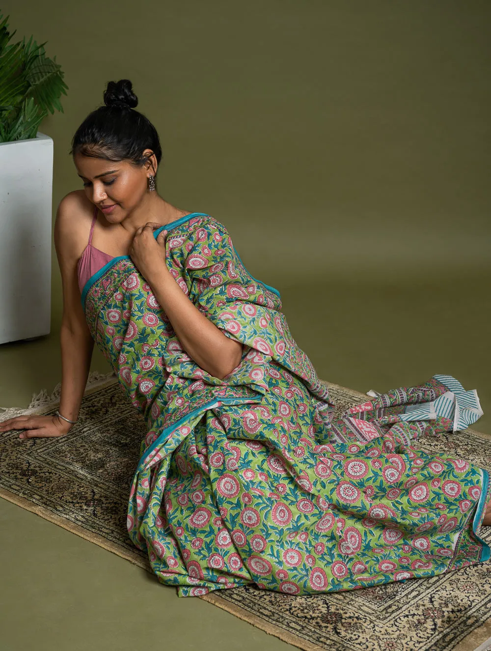 Sanganer Statements. Hand Block Printed Mul Cotton Saree - Green Flora