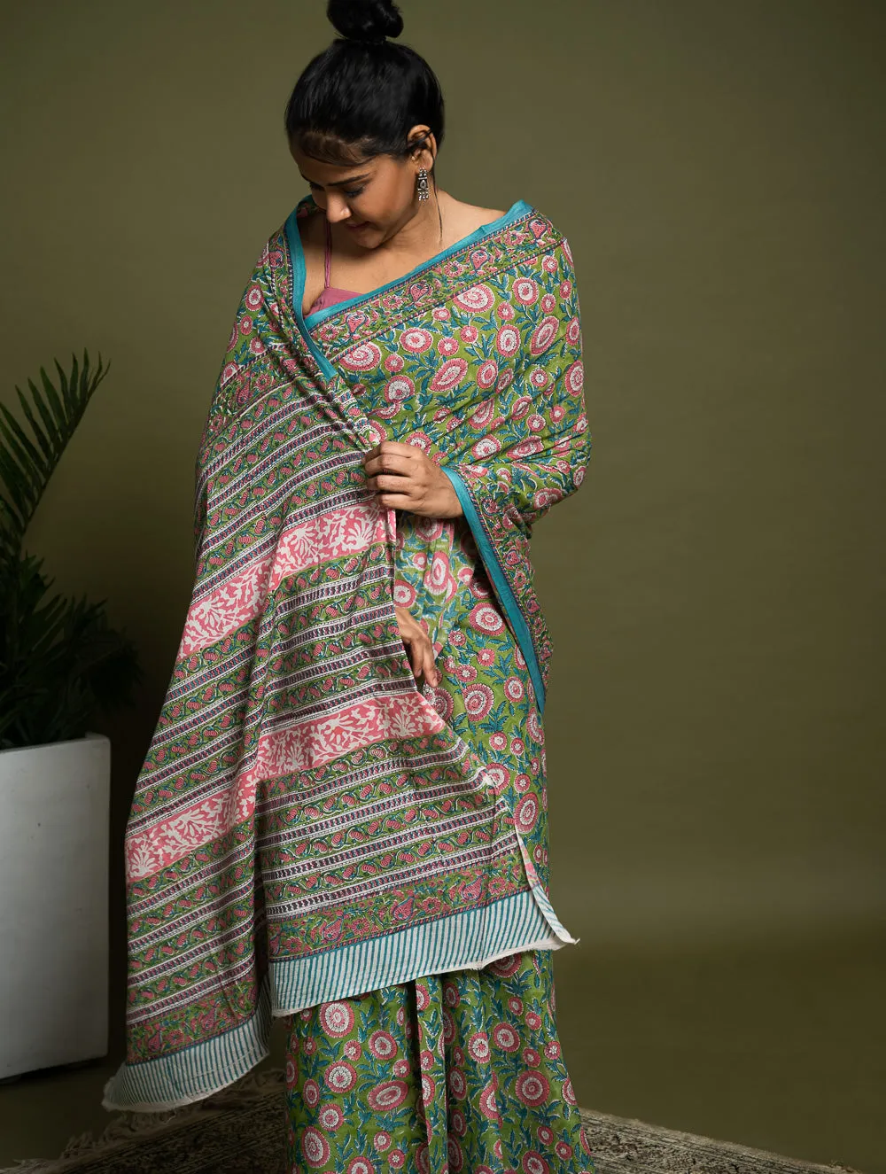Sanganer Statements. Hand Block Printed Mul Cotton Saree - Green Flora