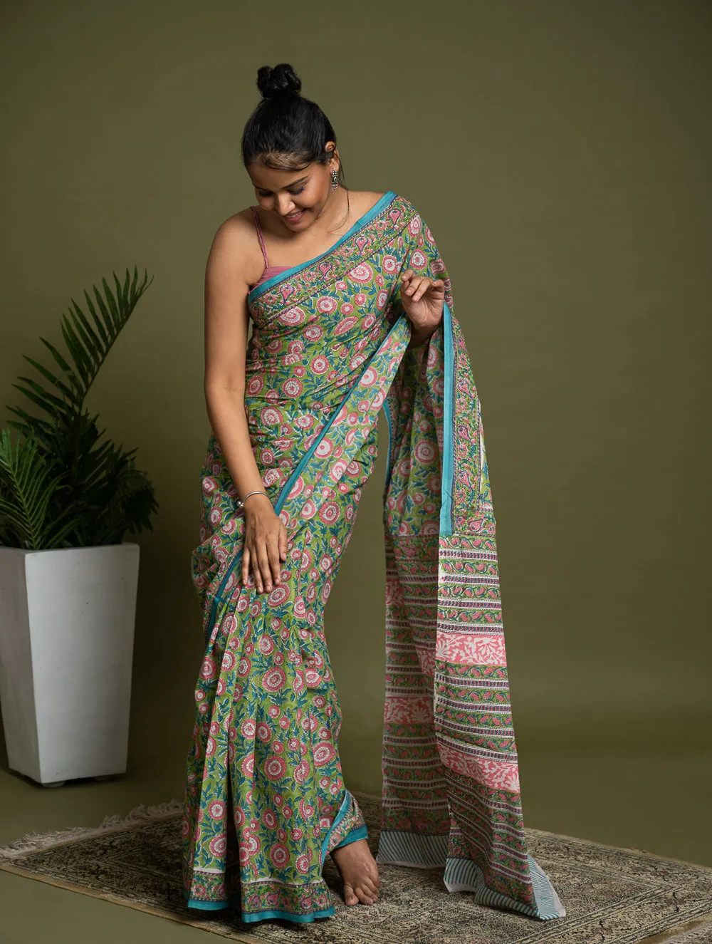 Sanganer Statements. Hand Block Printed Mul Cotton Saree - Green Flora