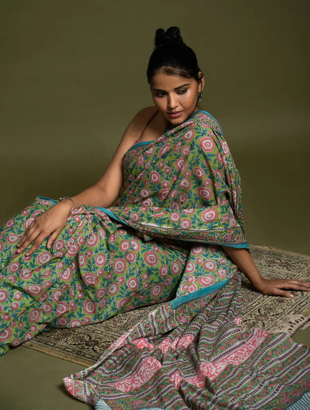 Sanganer Statements. Hand Block Printed Mul Cotton Saree - Green Flora