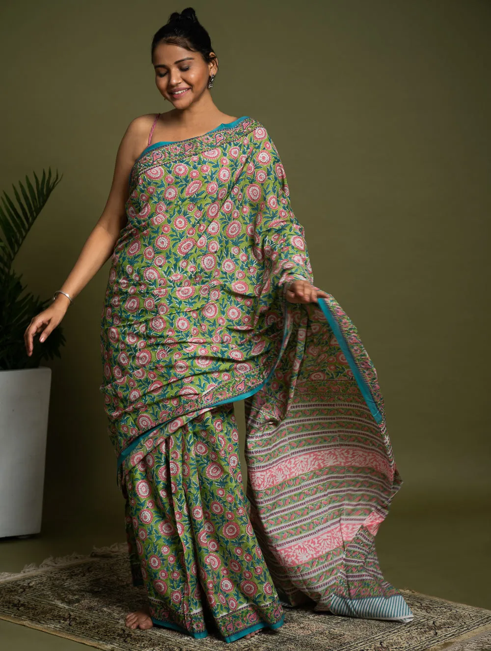 Sanganer Statements. Hand Block Printed Mul Cotton Saree - Green Flora