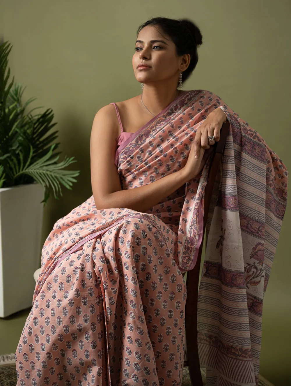 Sanganer Statements. Hand Block Printed Mul Cotton Saree - Peach Florets